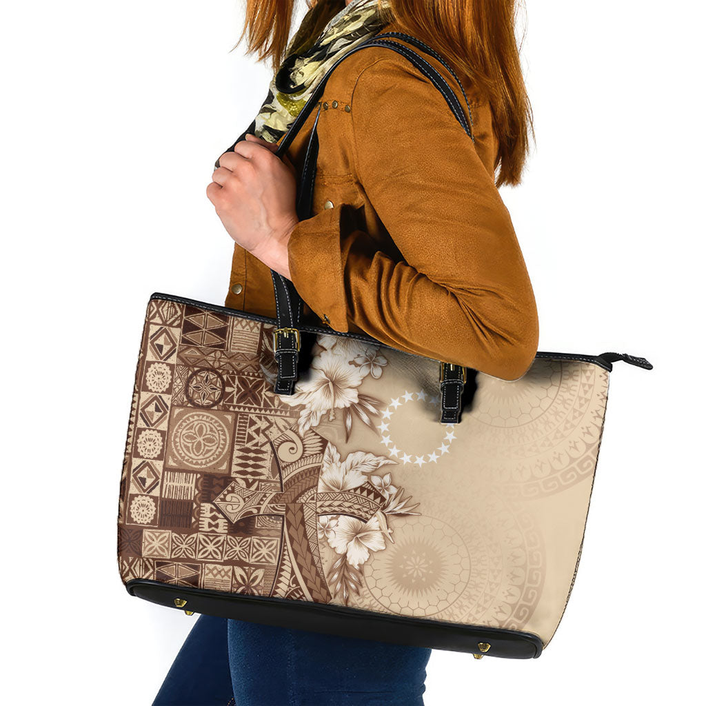 Kia Orana Cook Islands Tapa Floral With Cross Leather Tote Bag Beige LT7 Beige - Polynesian Pride