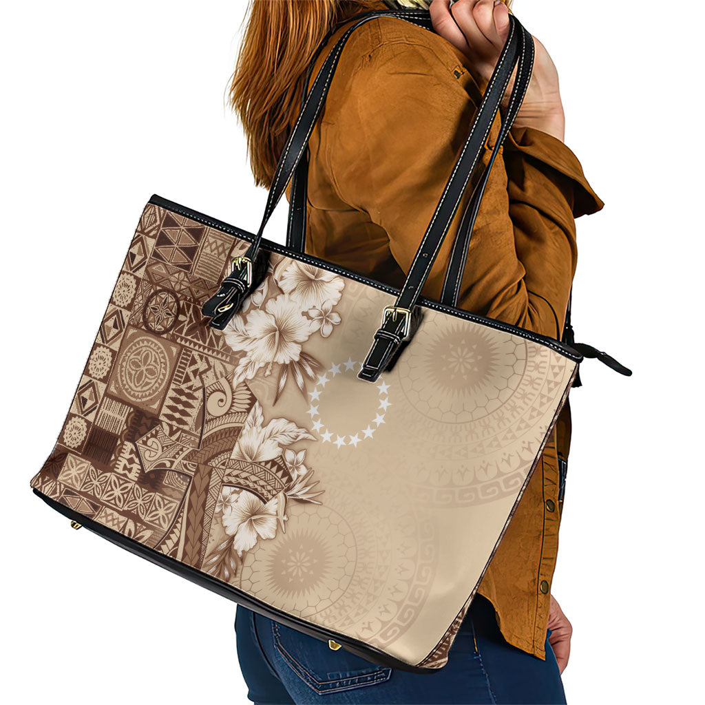 Kia Orana Cook Islands Tapa Floral With Cross Leather Tote Bag Beige LT7 - Polynesian Pride