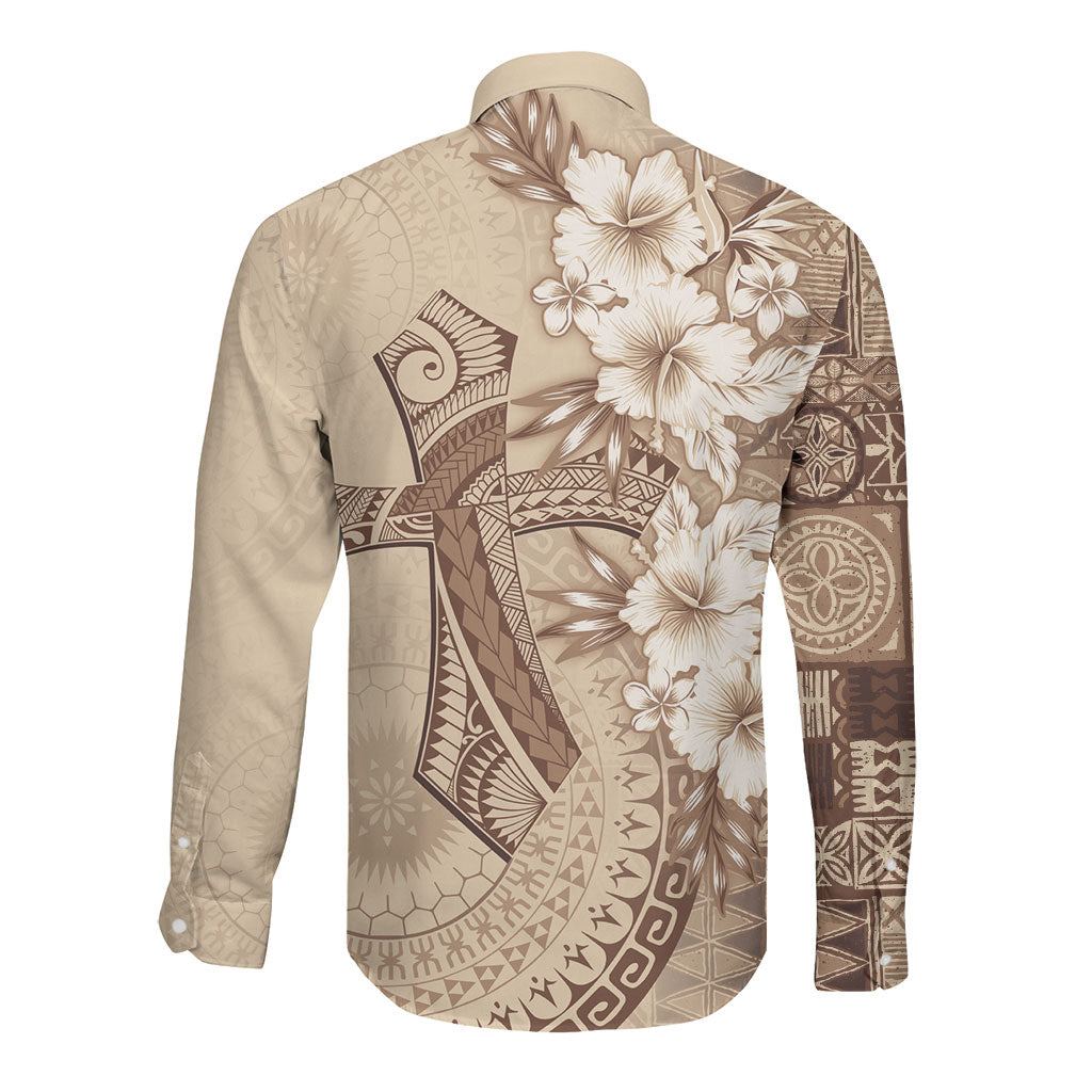 Kia Orana Cook Islands Tapa Floral With Cross Long Sleeve Button Shirt Beige LT7 - Polynesian Pride