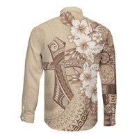 Kia Orana Cook Islands Tapa Floral With Cross Long Sleeve Button Shirt Beige LT7 - Polynesian Pride