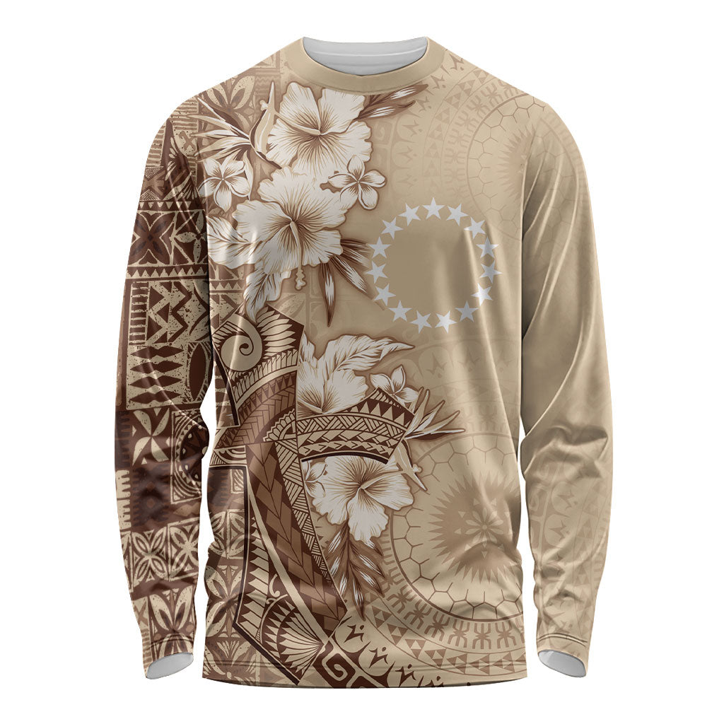 Kia Orana Cook Islands Tapa Floral With Cross Long Sleeve Shirt Beige LT7 Unisex Beige - Polynesian Pride