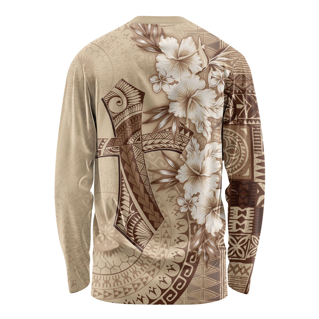 Kia Orana Cook Islands Tapa Floral With Cross Long Sleeve Shirt Beige LT7 - Polynesian Pride