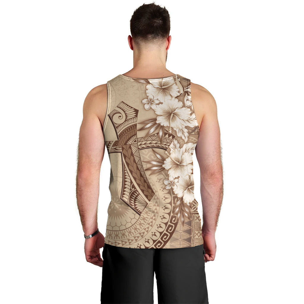 Kia Orana Cook Islands Tapa Floral With Cross Men Tank Top Beige LT7 - Polynesian Pride