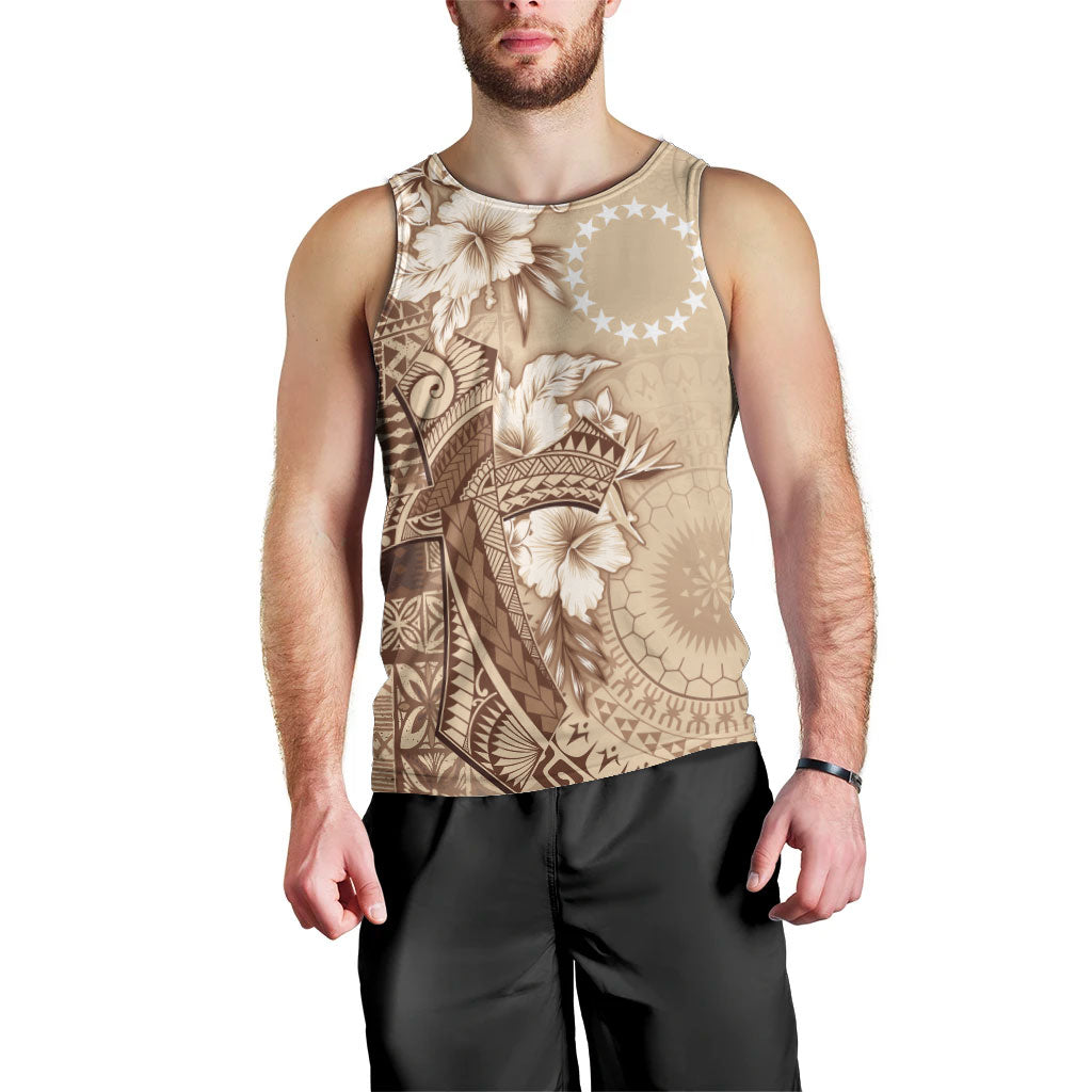 Kia Orana Cook Islands Tapa Floral With Cross Men Tank Top Beige LT7 - Polynesian Pride