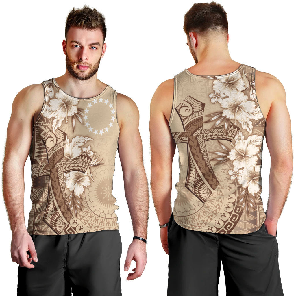 Kia Orana Cook Islands Tapa Floral With Cross Men Tank Top Beige LT7 - Polynesian Pride