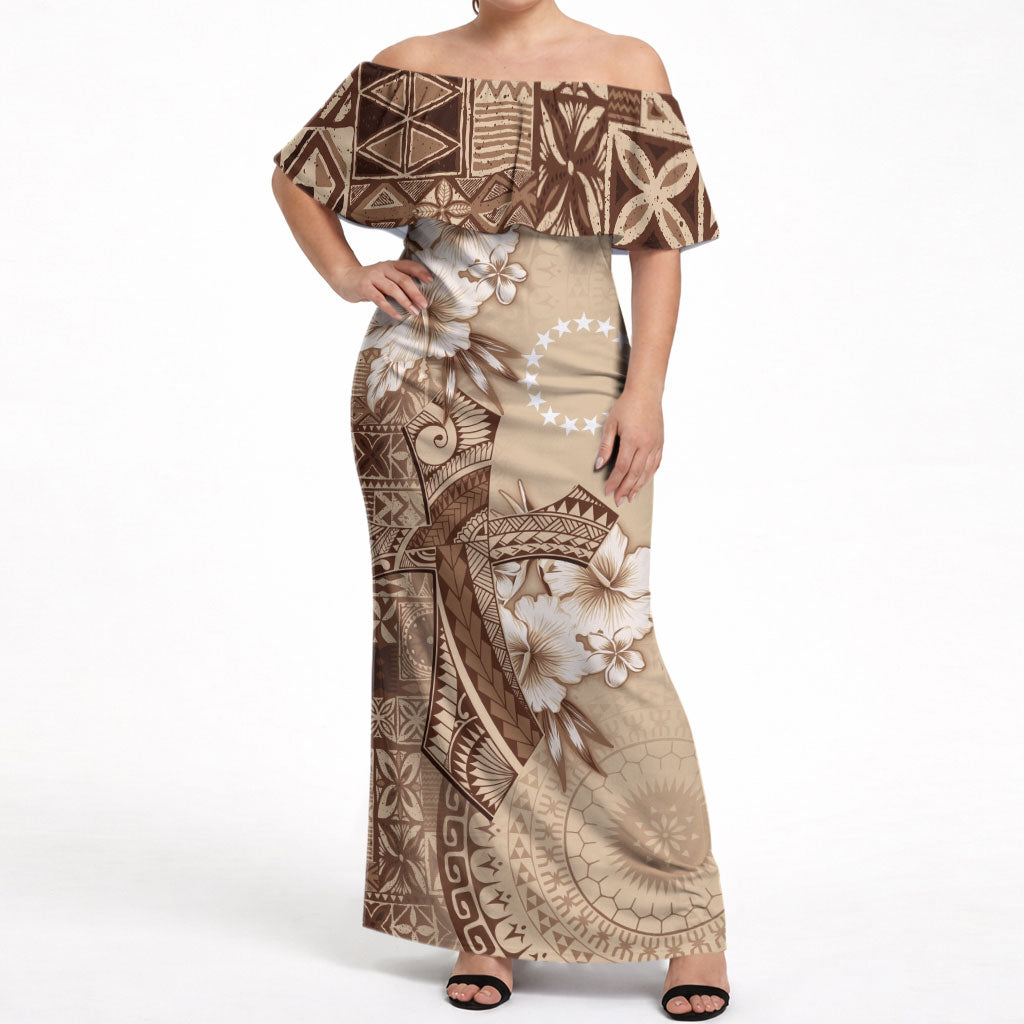 Kia Orana Cook Islands Tapa Floral With Cross Off Shoulder Maxi Dress Beige LT7 Women Beige - Polynesian Pride