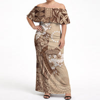 Kia Orana Cook Islands Tapa Floral With Cross Off Shoulder Maxi Dress Beige LT7 Women Beige - Polynesian Pride
