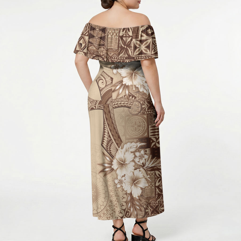 Kia Orana Cook Islands Tapa Floral With Cross Off Shoulder Maxi Dress Beige LT7 - Polynesian Pride
