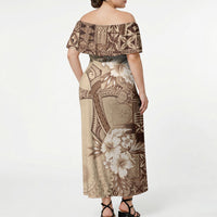 Kia Orana Cook Islands Tapa Floral With Cross Off Shoulder Maxi Dress Beige LT7 - Polynesian Pride