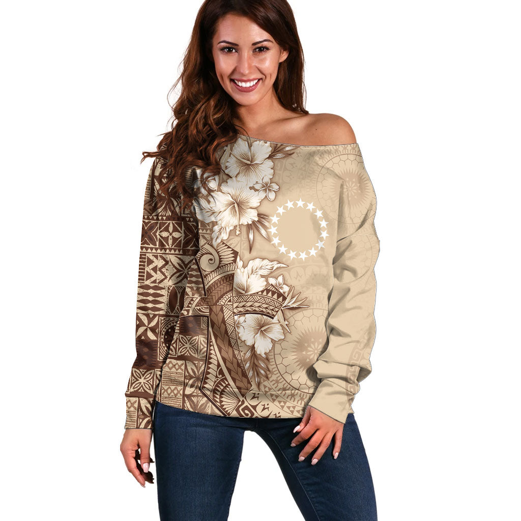 Kia Orana Cook Islands Tapa Floral With Cross Off Shoulder Sweater Beige LT7 Women Beige - Polynesian Pride