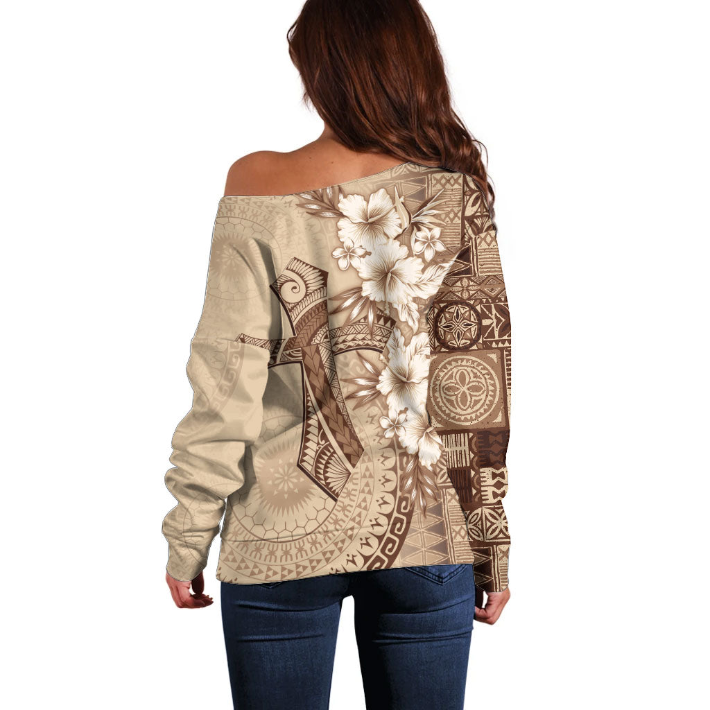 Kia Orana Cook Islands Tapa Floral With Cross Off Shoulder Sweater Beige LT7 - Polynesian Pride