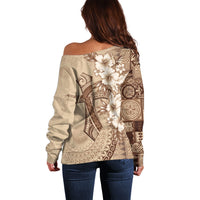 Kia Orana Cook Islands Tapa Floral With Cross Off Shoulder Sweater Beige LT7 - Polynesian Pride