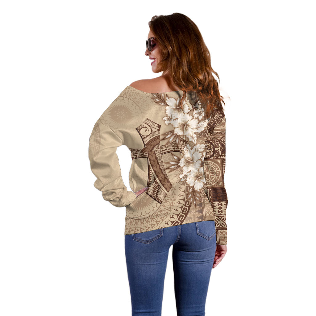 Kia Orana Cook Islands Tapa Floral With Cross Off Shoulder Sweater Beige LT7 - Polynesian Pride