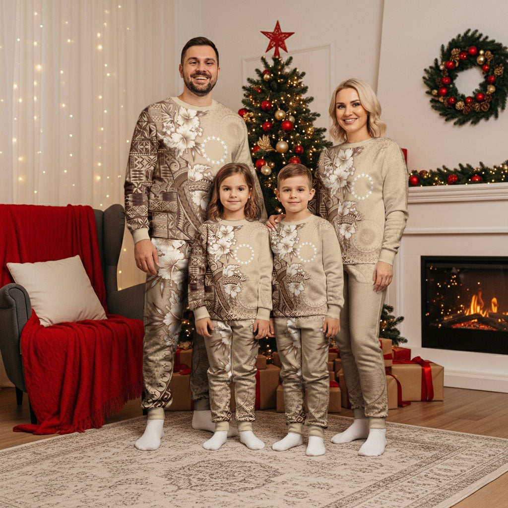 Kia Orana Cook Islands Tapa Floral With Cross Christmas Pajama Set Beige LT7 - Polynesian Pride