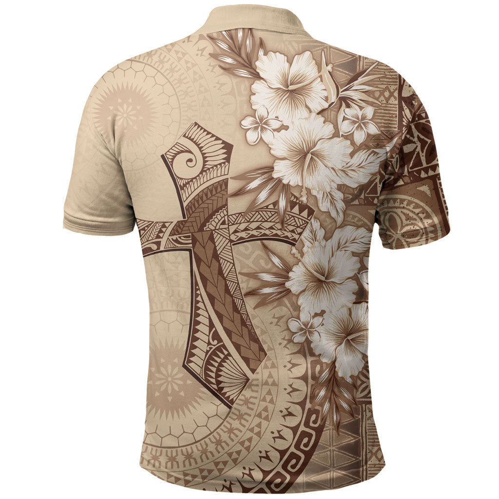 Kia Orana Cook Islands Tapa Floral With Cross Polo Shirt Beige LT7 - Polynesian Pride
