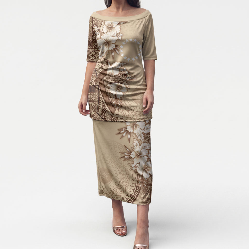 Kia Orana Cook Islands Tapa Floral With Cross Puletasi Beige LT7 Long Dress Beige - Polynesian Pride