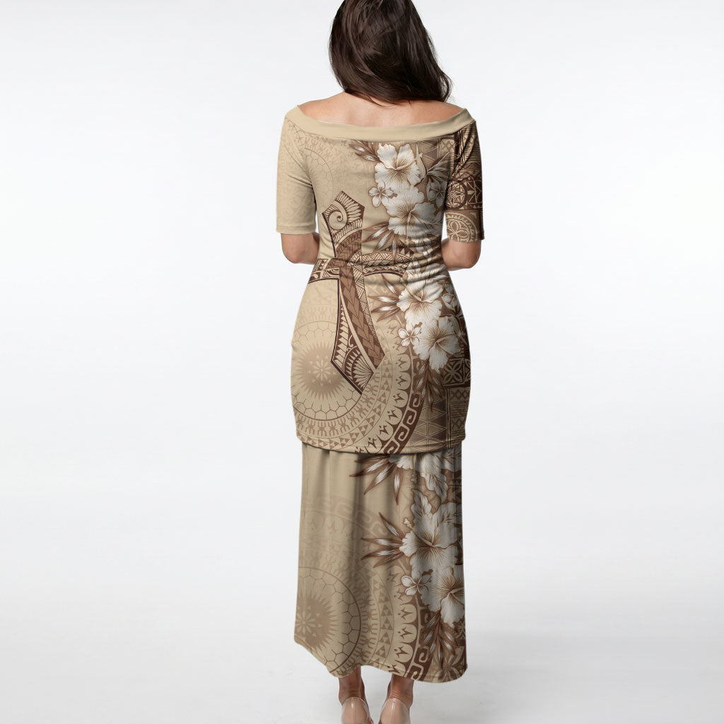 Kia Orana Cook Islands Tapa Floral With Cross Puletasi Beige LT7 - Polynesian Pride