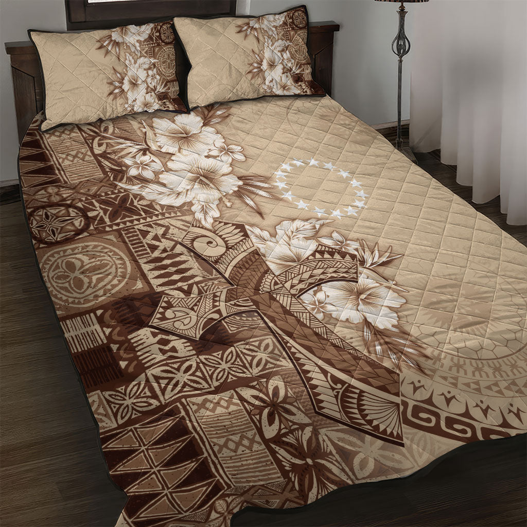 Kia Orana Cook Islands Tapa Floral With Cross Quilt Bed Set Beige