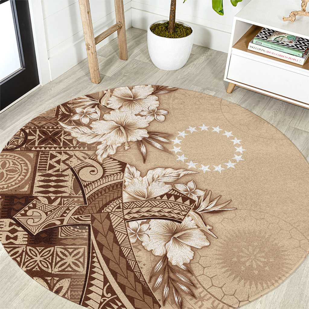 Kia Orana Cook Islands Tapa Floral With Cross Round Carpet Beige