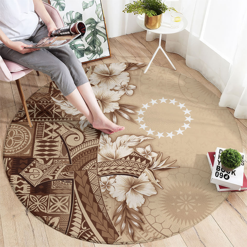 Kia Orana Cook Islands Tapa Floral With Cross Round Carpet Beige