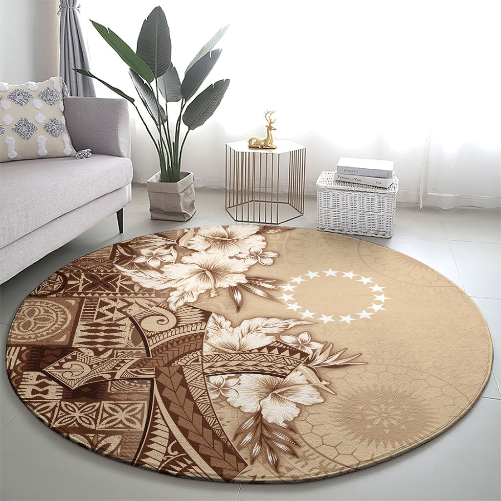 Kia Orana Cook Islands Tapa Floral With Cross Round Carpet Beige