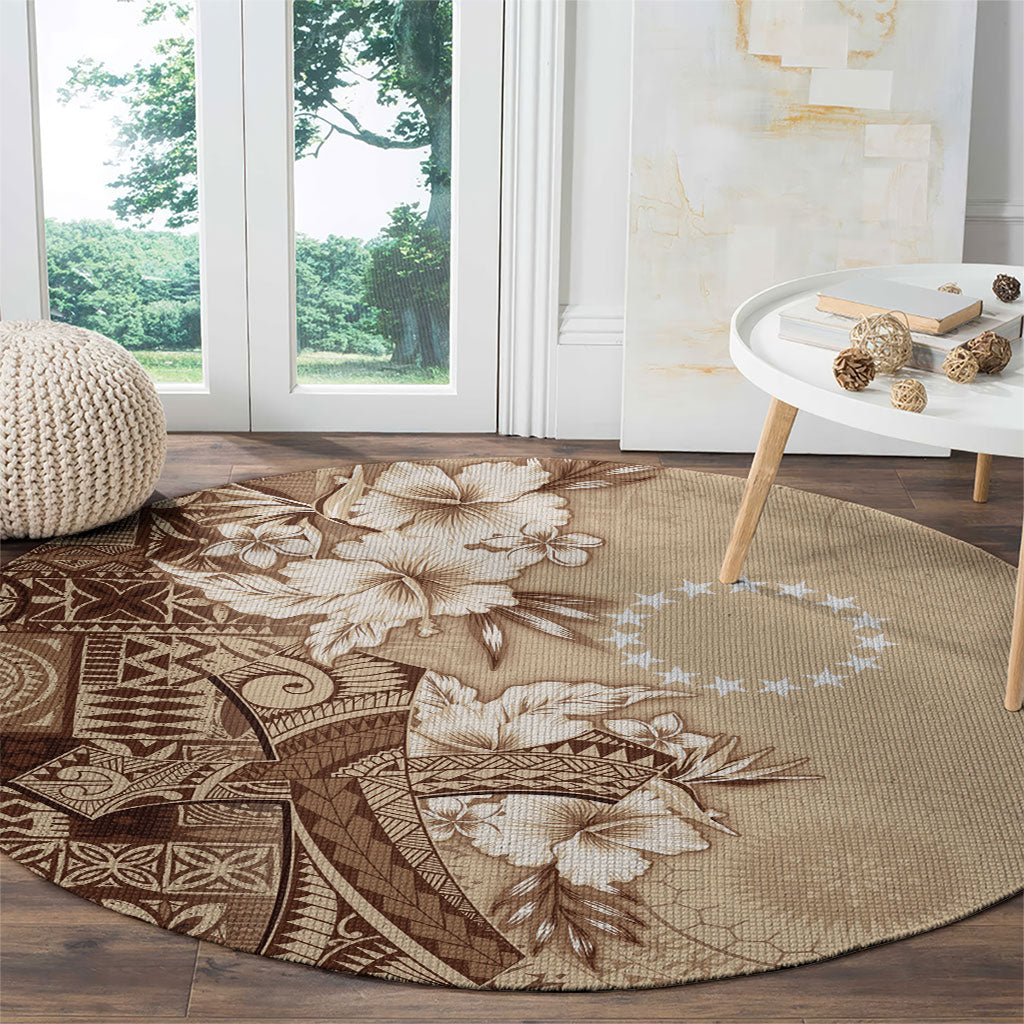 Kia Orana Cook Islands Tapa Floral With Cross Round Carpet Beige
