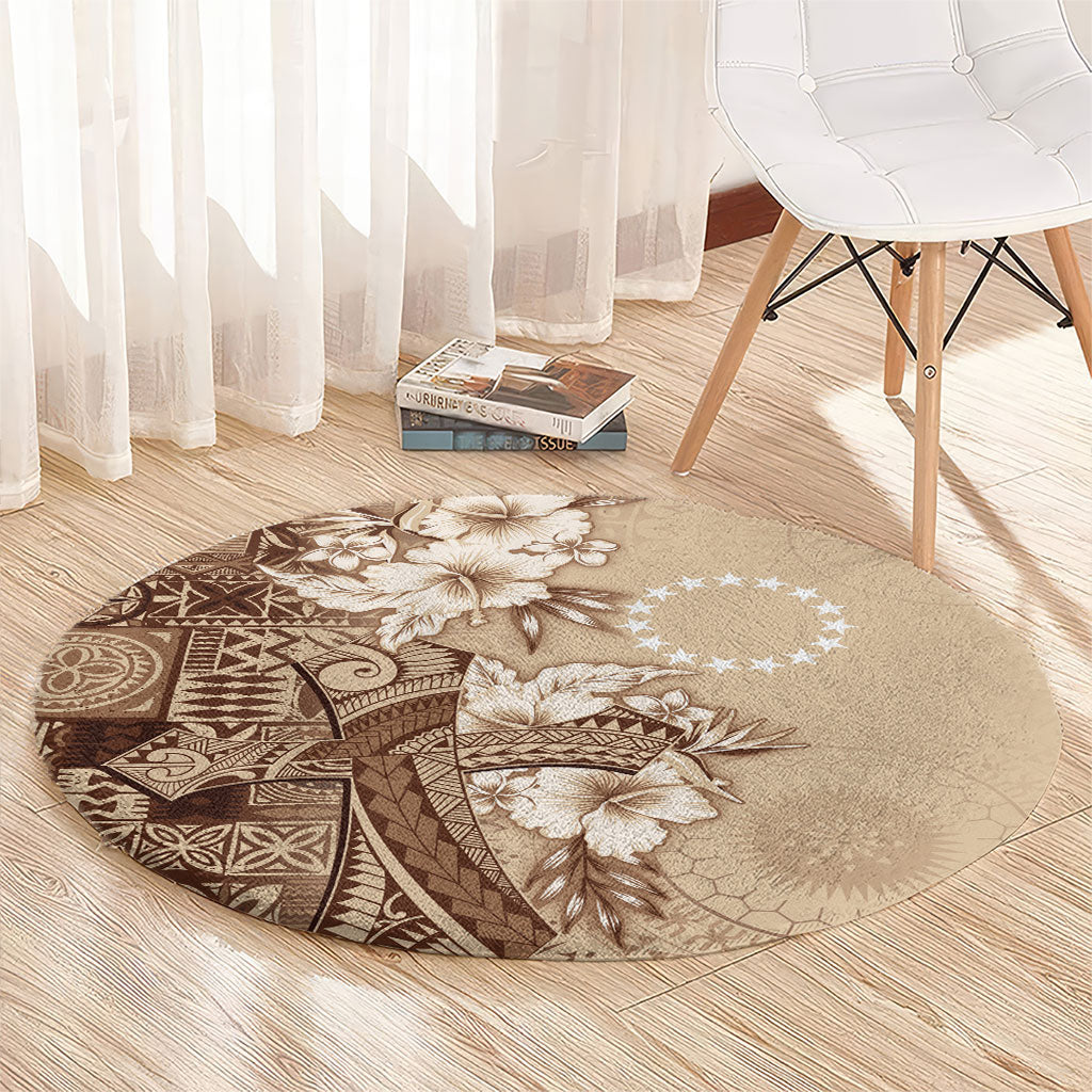 Kia Orana Cook Islands Tapa Floral With Cross Round Carpet Beige