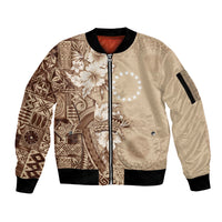 Kia Orana Cook Islands Tapa Floral With Cross Sleeve Zip Bomber Jacket Beige LT7 Unisex Beige - Polynesian Pride
