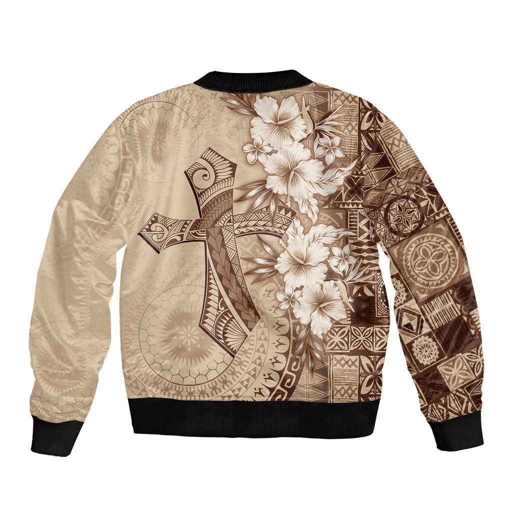 Kia Orana Cook Islands Tapa Floral With Cross Sleeve Zip Bomber Jacket Beige LT7 - Polynesian Pride