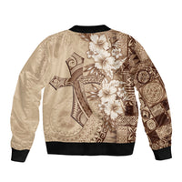 Kia Orana Cook Islands Tapa Floral With Cross Sleeve Zip Bomber Jacket Beige LT7 - Polynesian Pride