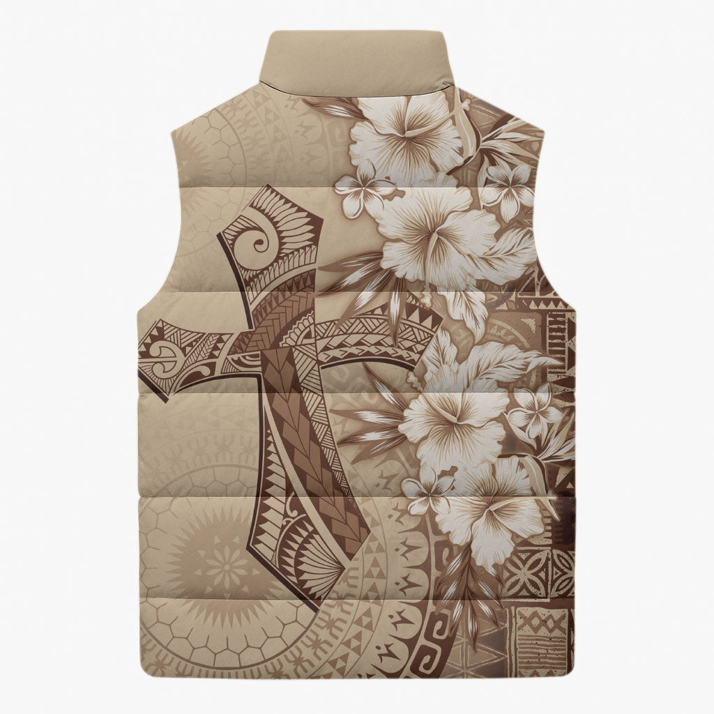 Kia Orana Cook Islands Tapa Floral With Cross Sleeveless Puffer Jacket Beige LT7 - Polynesian Pride