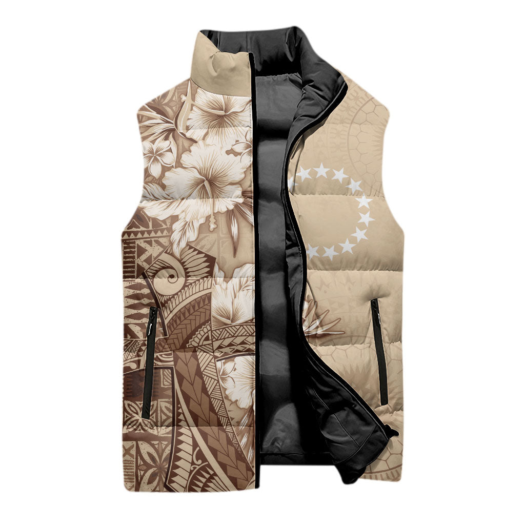 Kia Orana Cook Islands Tapa Floral With Cross Sleeveless Puffer Jacket Beige LT7 - Polynesian Pride