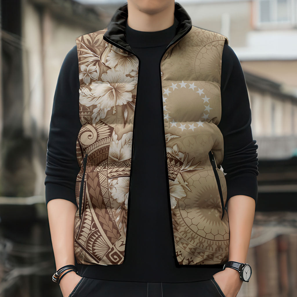 Kia Orana Cook Islands Tapa Floral With Cross Sleeveless Puffer Jacket Beige LT7 - Polynesian Pride