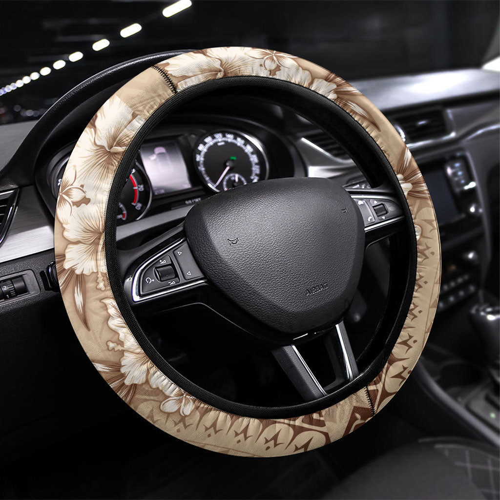 Kia Orana Cook Islands Tapa Floral With Cross Steering Wheel Cover Beige LT7 Universal Fit Beige - Polynesian Pride