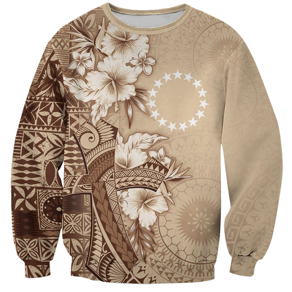 Kia Orana Cook Islands Tapa Floral With Cross Sweatshirt Beige LT7 Unisex Beige - Polynesian Pride