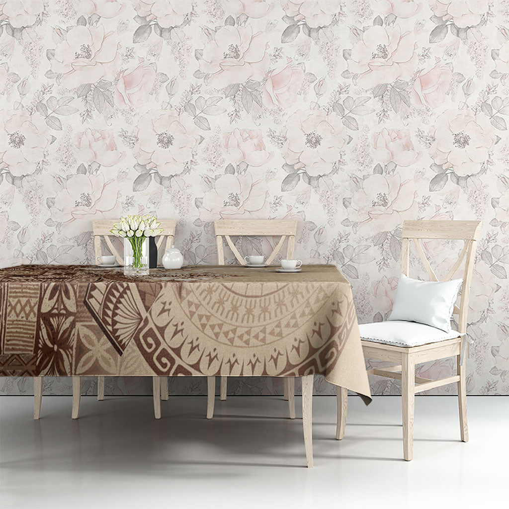 Kia Orana Cook Islands Tapa Floral With Cross Tablecloth Beige
