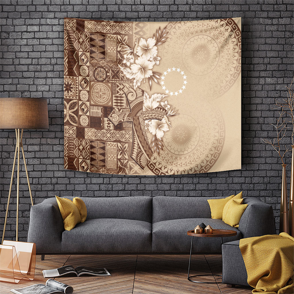 Kia Orana Cook Islands Tapa Floral With Cross Tapestry Beige