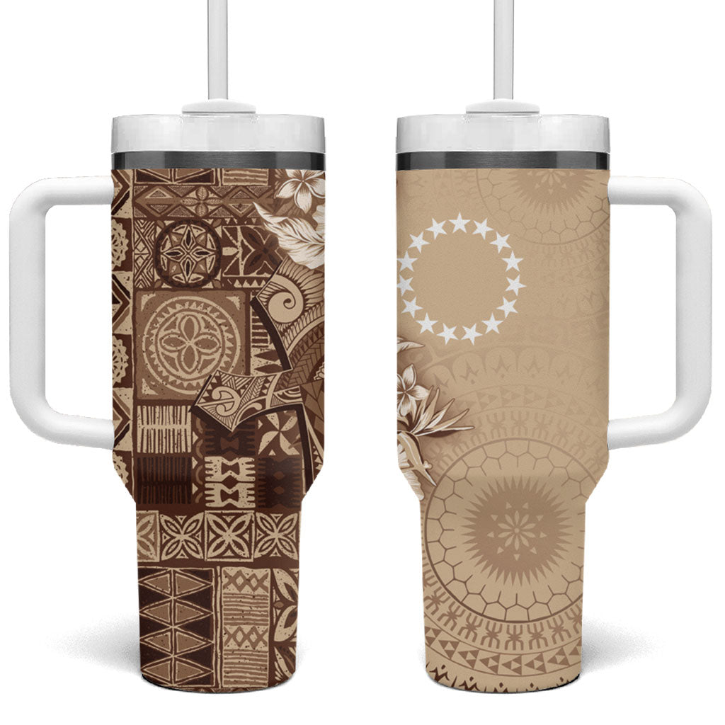 Kia Orana Cook Islands Tapa Floral With Cross Tumbler With Handle Beige LT7 One Size: 40 oz Beige - Polynesian Pride