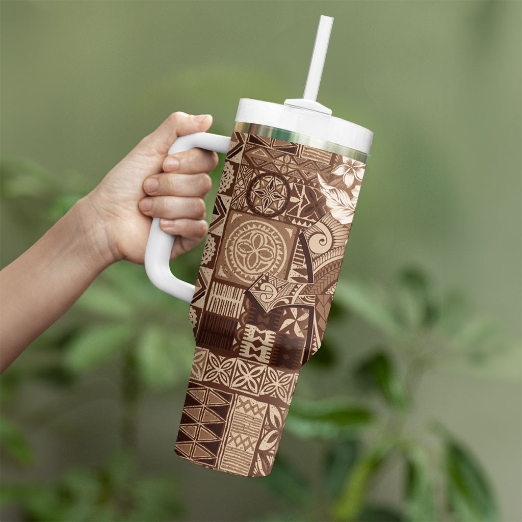 Kia Orana Cook Islands Tapa Floral With Cross Tumbler With Handle Beige LT7 - Polynesian Pride