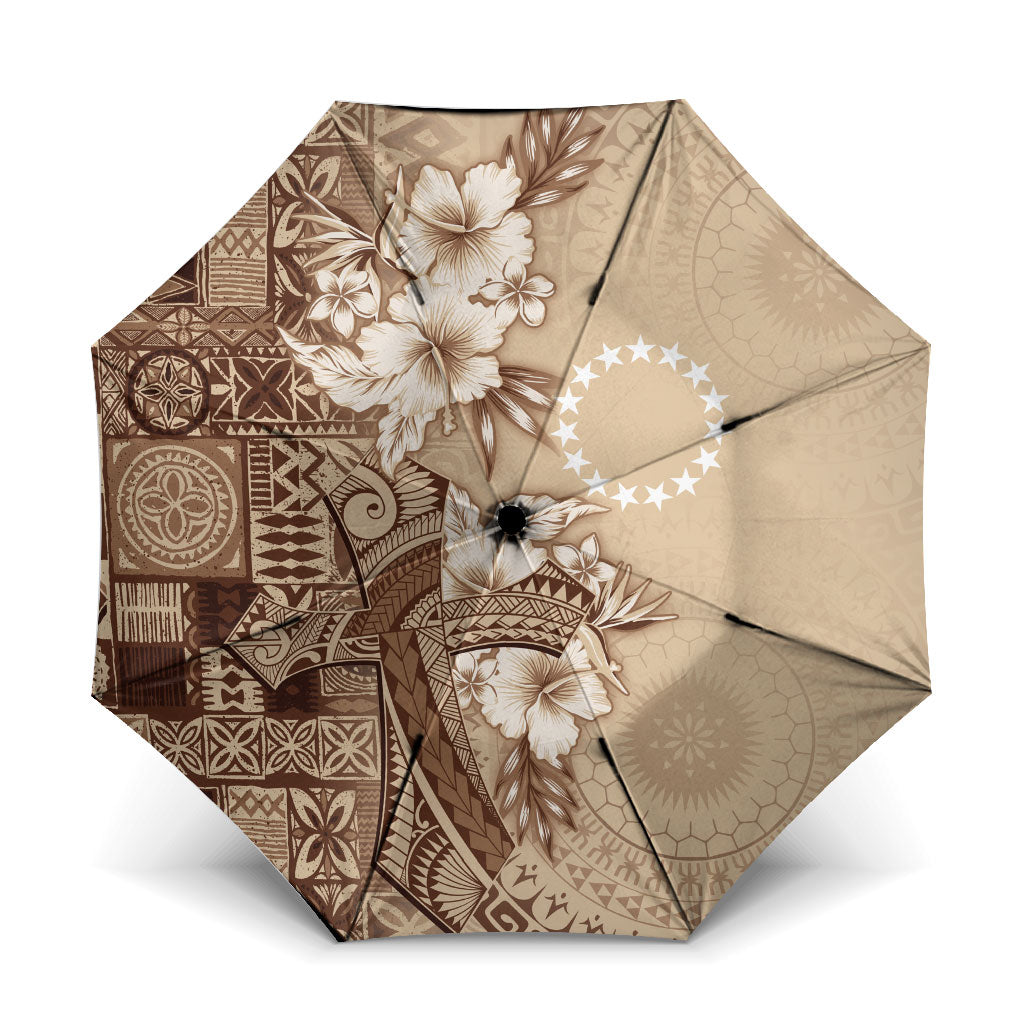 Kia Orana Cook Islands Tapa Floral With Cross Umbrella Beige