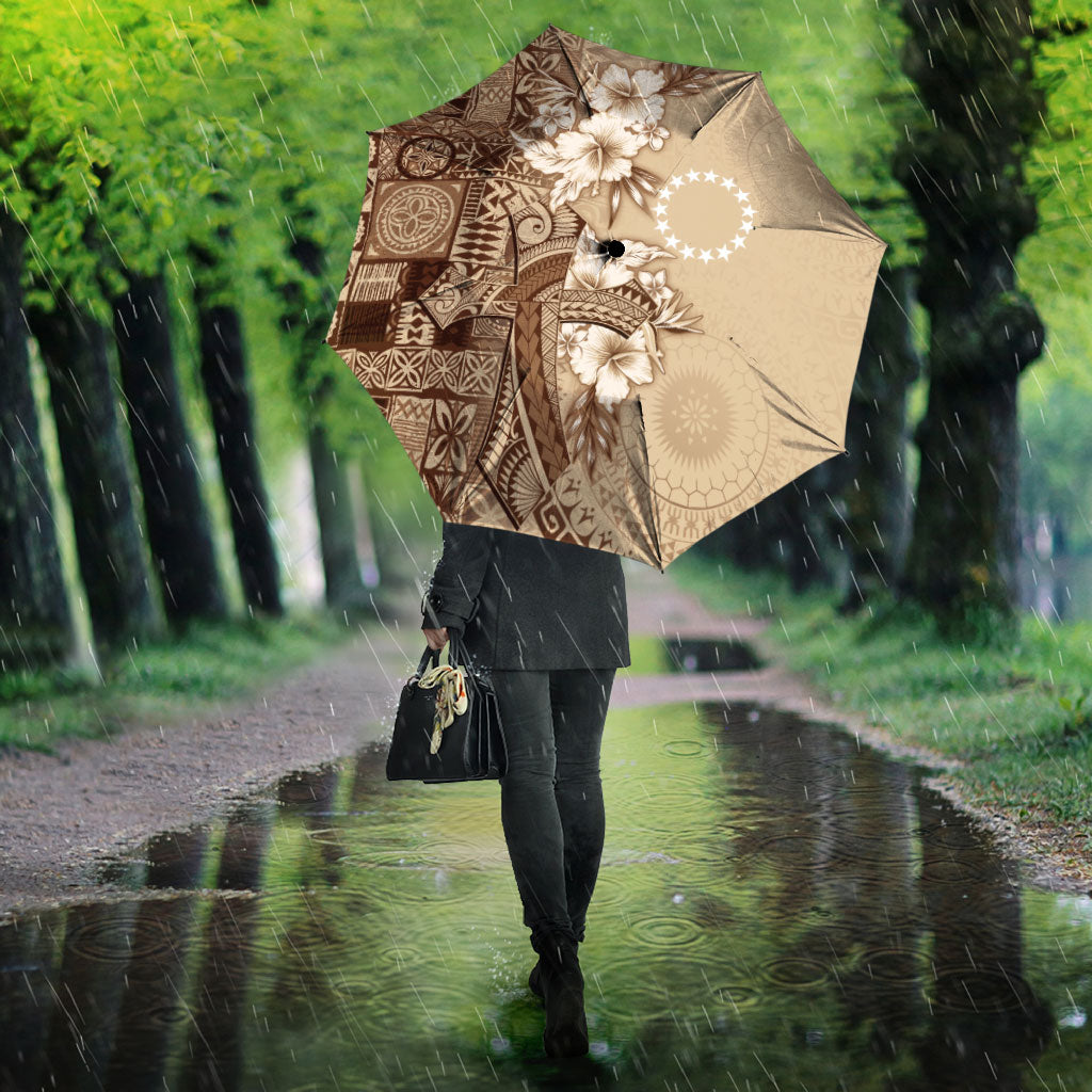 Kia Orana Cook Islands Tapa Floral With Cross Umbrella Beige