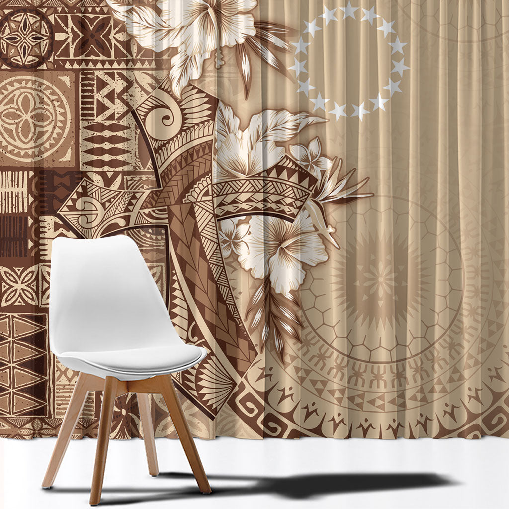 Kia Orana Cook Islands Tapa Floral With Cross Window Curtain Beige