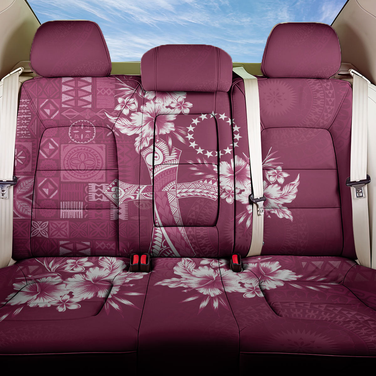 Kia Orana Cook Islands Tapa Floral With Cross Back Car Seat Cover Maroon LT7 One Size Maroon - Polynesian Pride