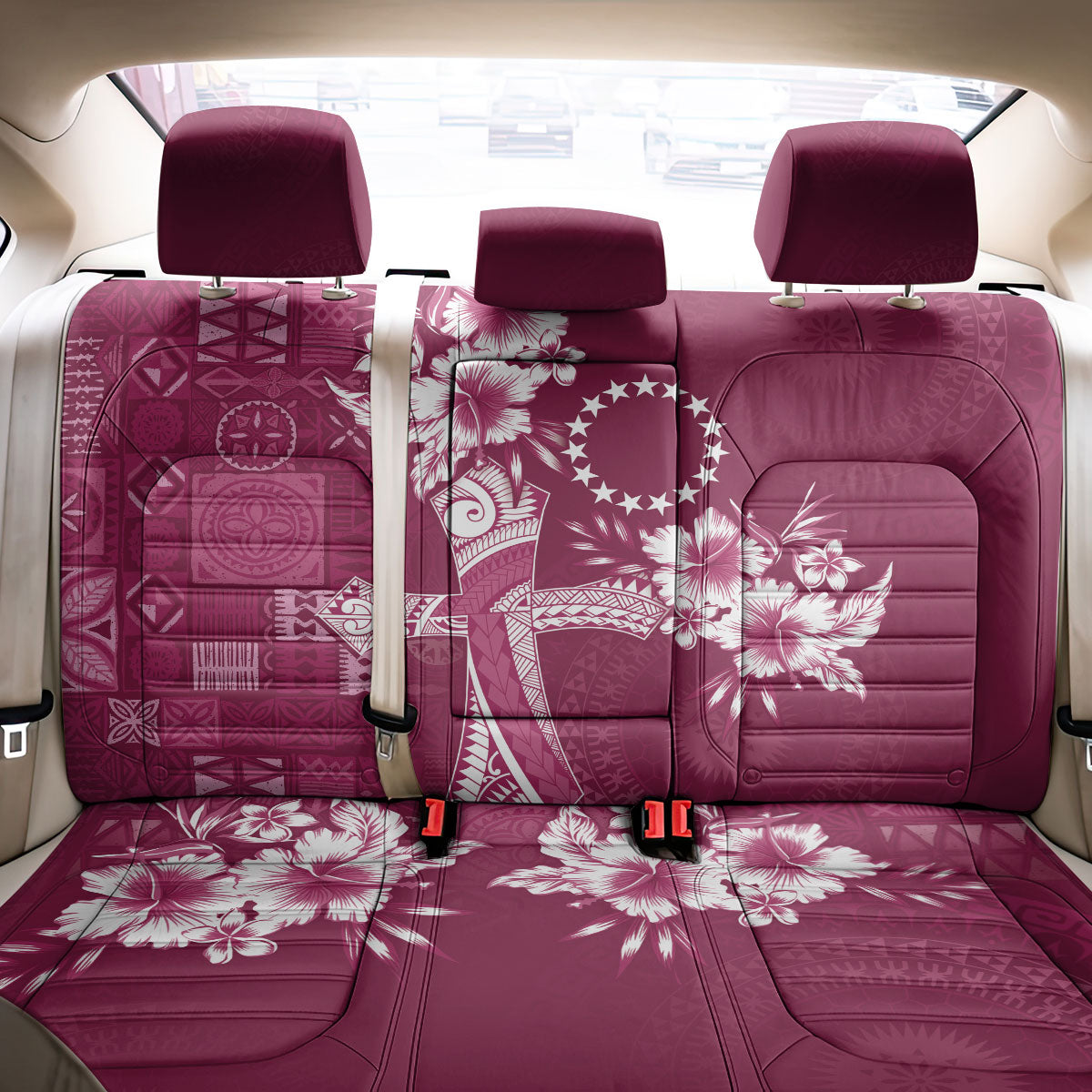 Kia Orana Cook Islands Tapa Floral With Cross Back Car Seat Cover Maroon LT7 - Polynesian Pride