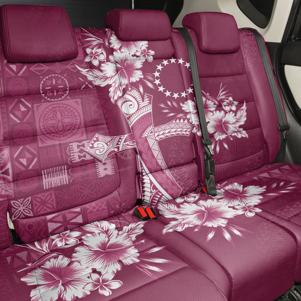 Kia Orana Cook Islands Tapa Floral With Cross Back Car Seat Cover Maroon LT7 - Polynesian Pride