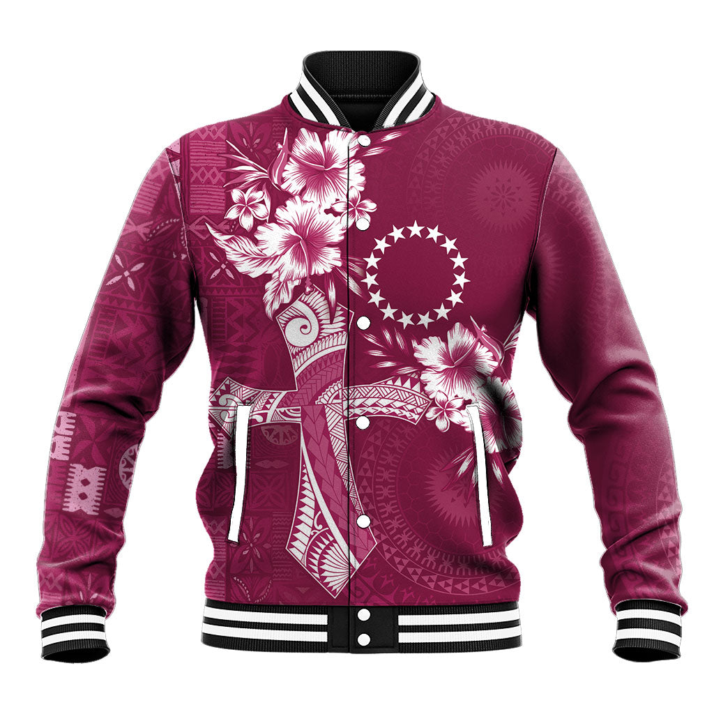 Kia Orana Cook Islands Tapa Floral With Cross Baseball Jacket Maroon LT7 Unisex Maroon - Polynesian Pride
