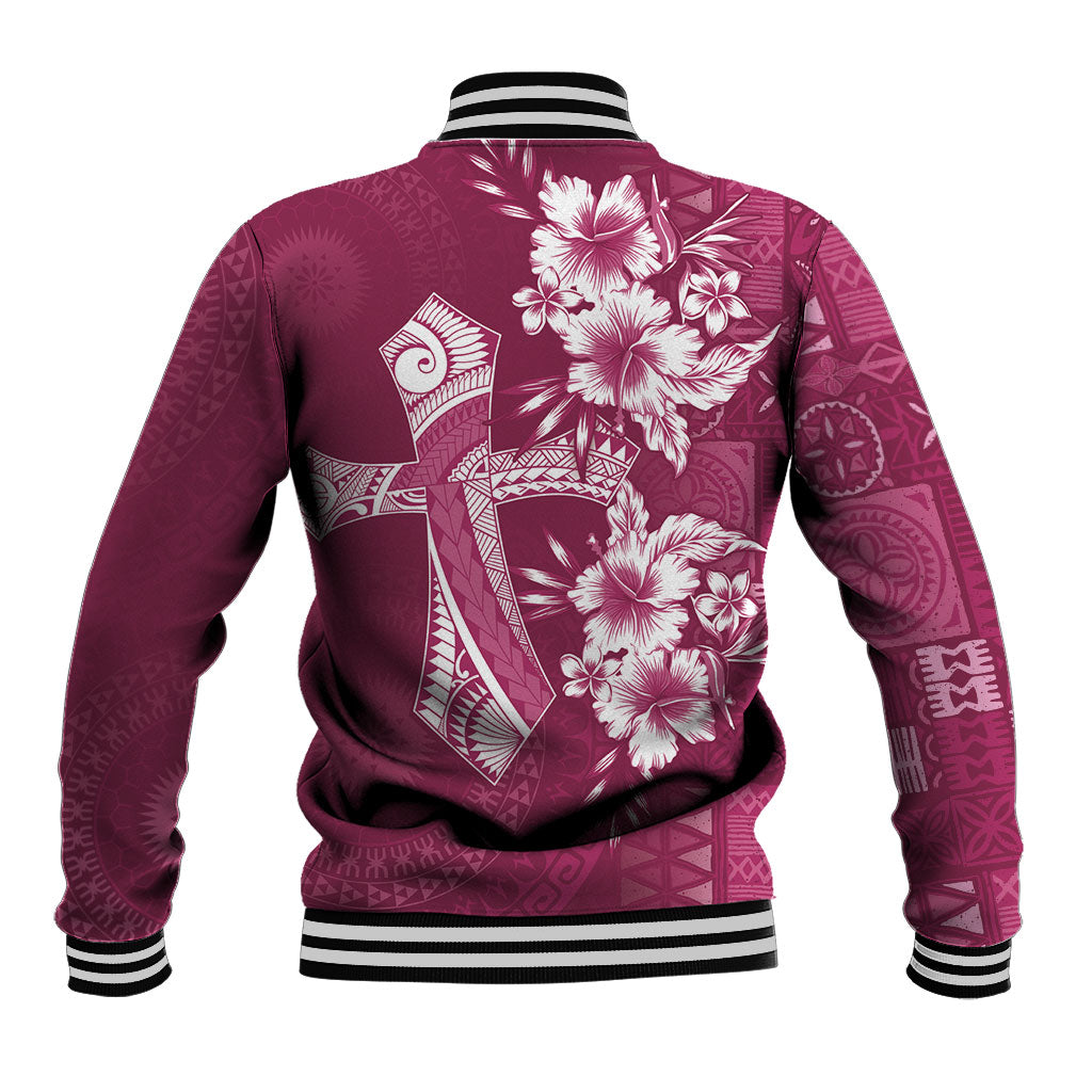 Kia Orana Cook Islands Tapa Floral With Cross Baseball Jacket Maroon
