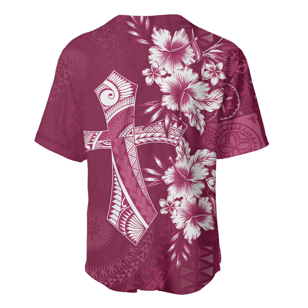 Kia Orana Cook Islands Tapa Floral With Cross Baseball Jersey Maroon LT7 - Polynesian Pride