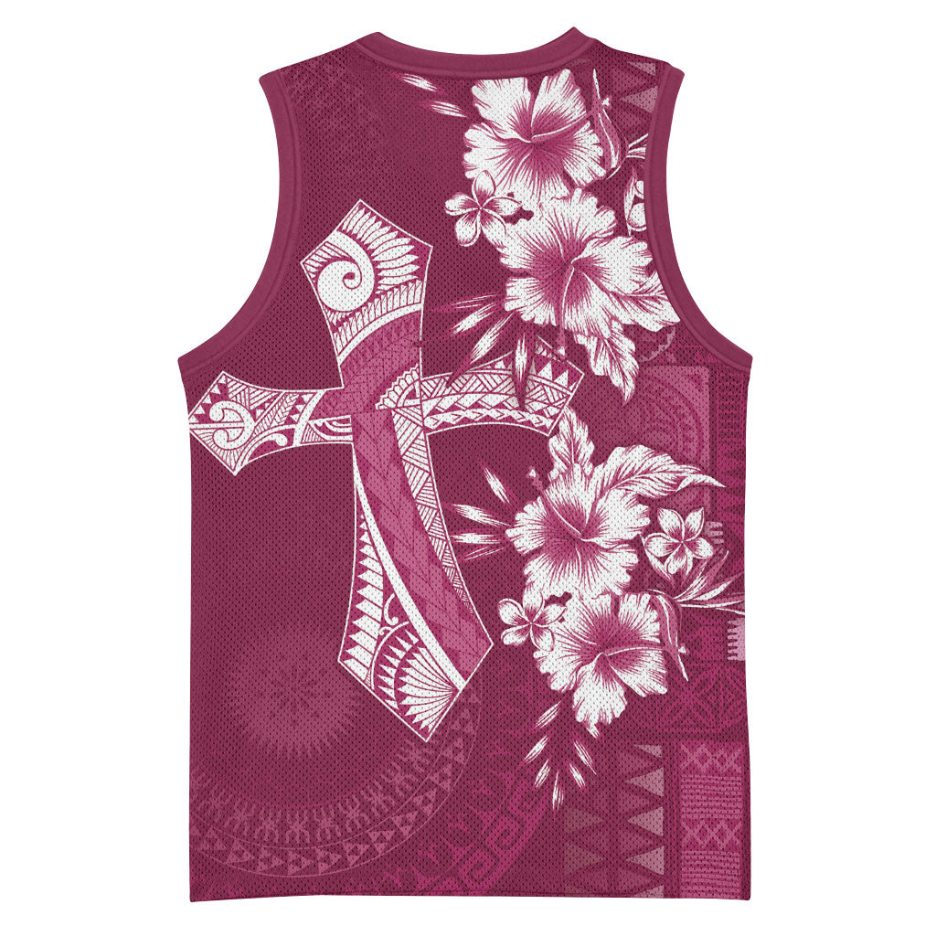 Kia Orana Cook Islands Tapa Floral With Cross Basketball Jersey Maroon LT7 - Polynesian Pride