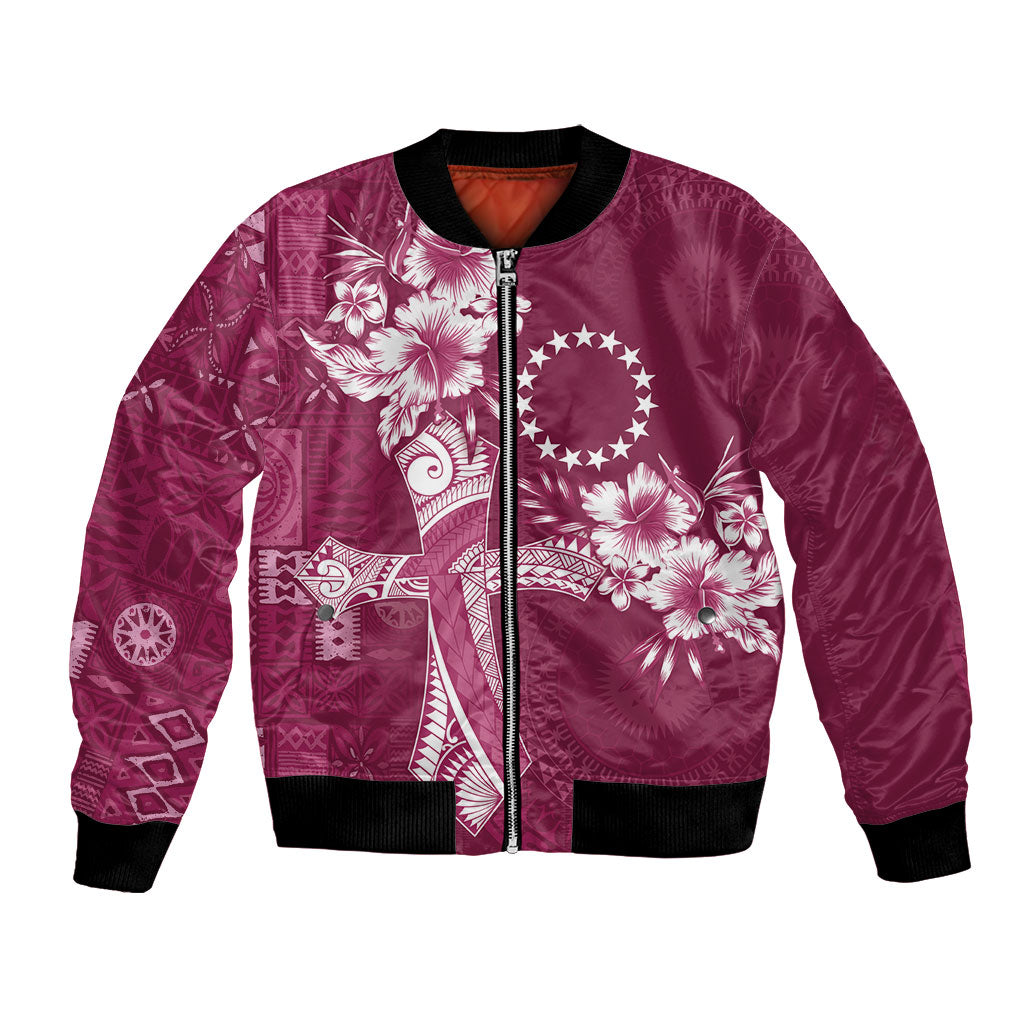 Kia Orana Cook Islands Tapa Floral With Cross Bomber Jacket Maroon